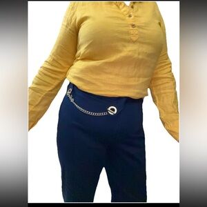 Lauren Ralph Lauren Y2K Pants SZ. 4 Navy, And 100% Linen Top SZ.XS Yellow Set